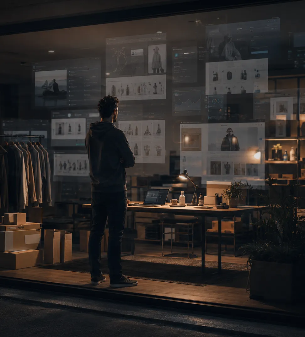 Store owner in his shop at night, product screens and questions floating on the storefront window