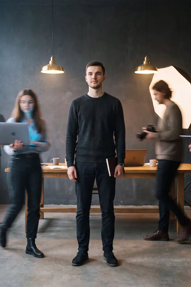 Operator standing calm at the center of a busy studio while the team moves around him