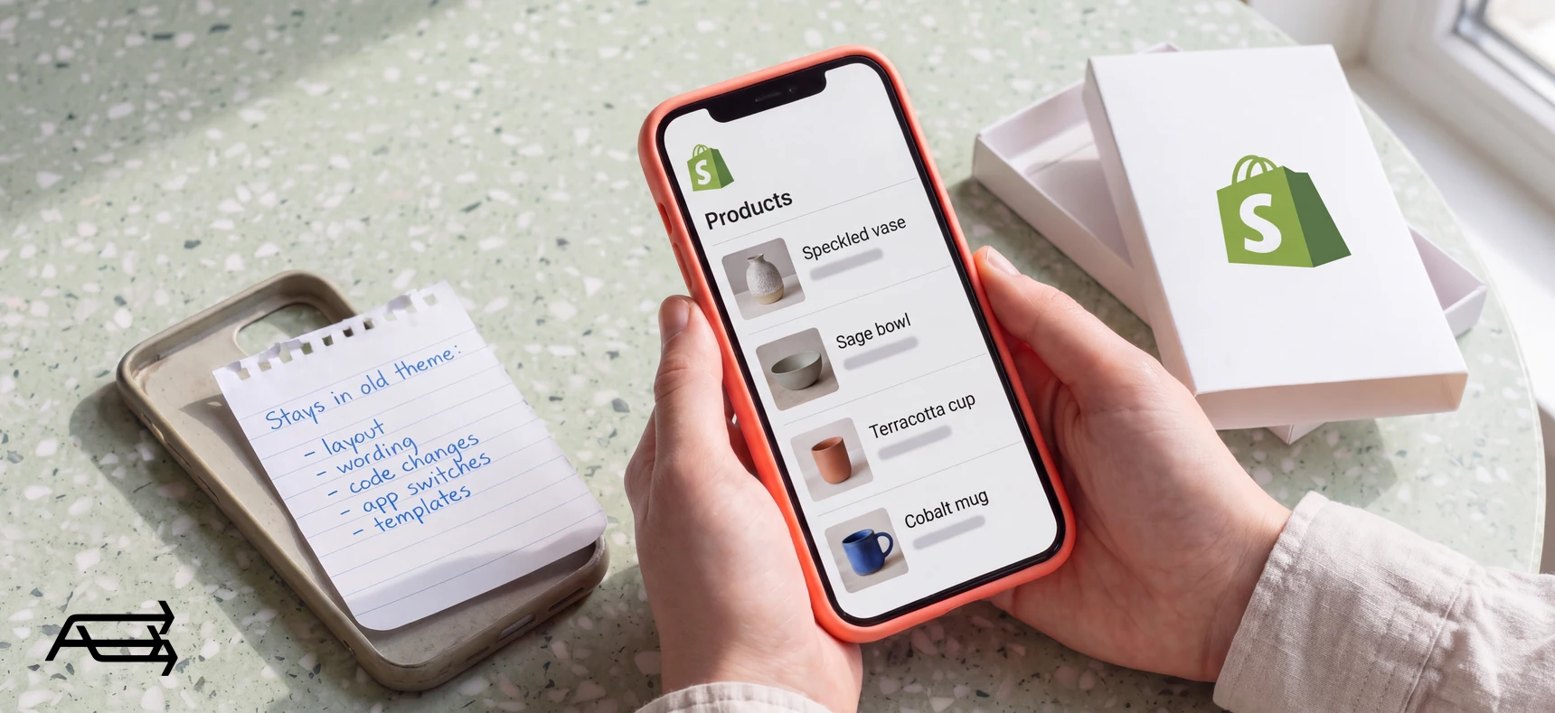 A phone with the store's products beside a note of what stays in the old theme: layout, wording, code changes, app switches, templates