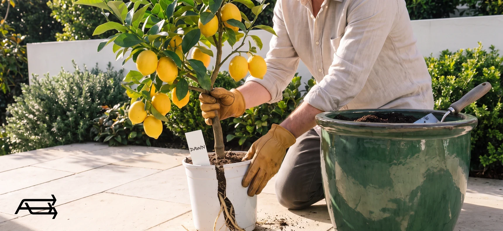 A lemon tree labelled Dawn being moved from a small white pot into a large glazed one, its roots grown through the old pot