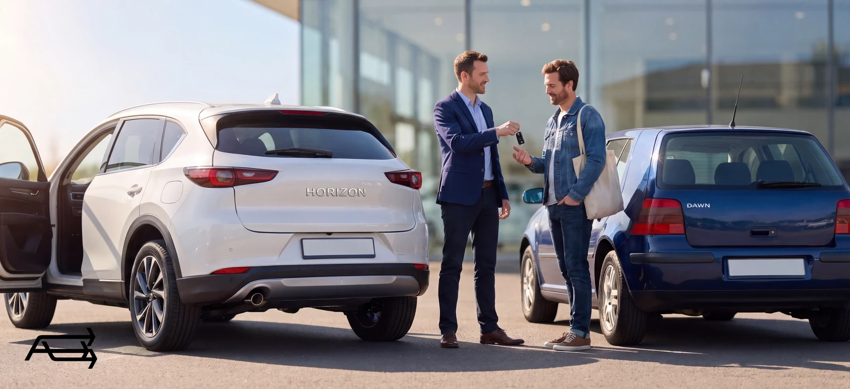 Car keys handed over between an older blue hatchback labelled Dawn and a new white SUV labelled Horizon outside a dealership