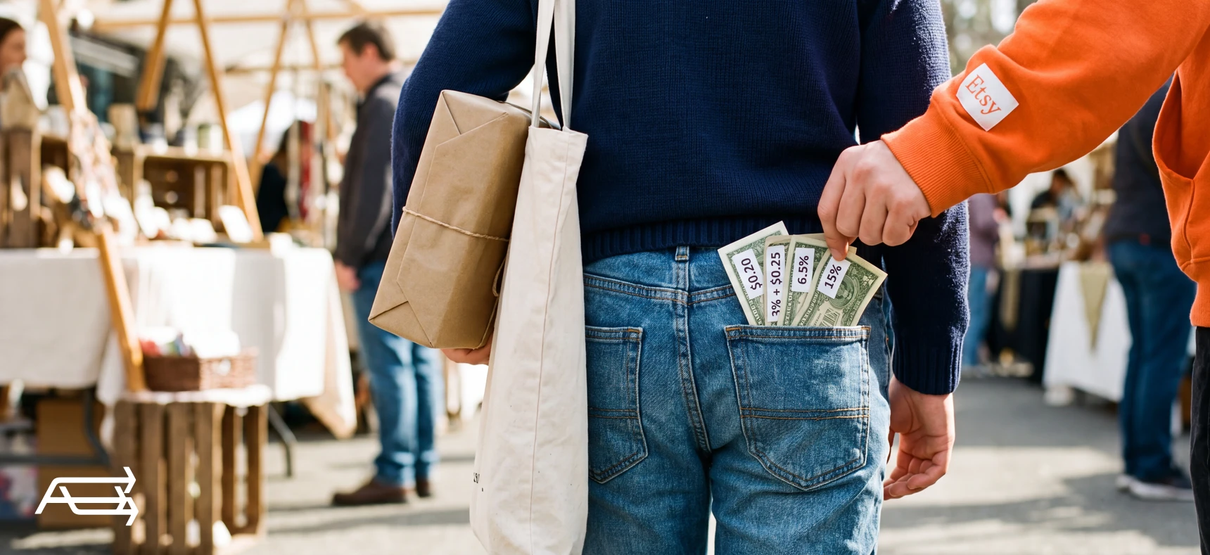 A hand in an Etsy sleeve pulling fee-labelled banknotes out of a market seller's back pocket