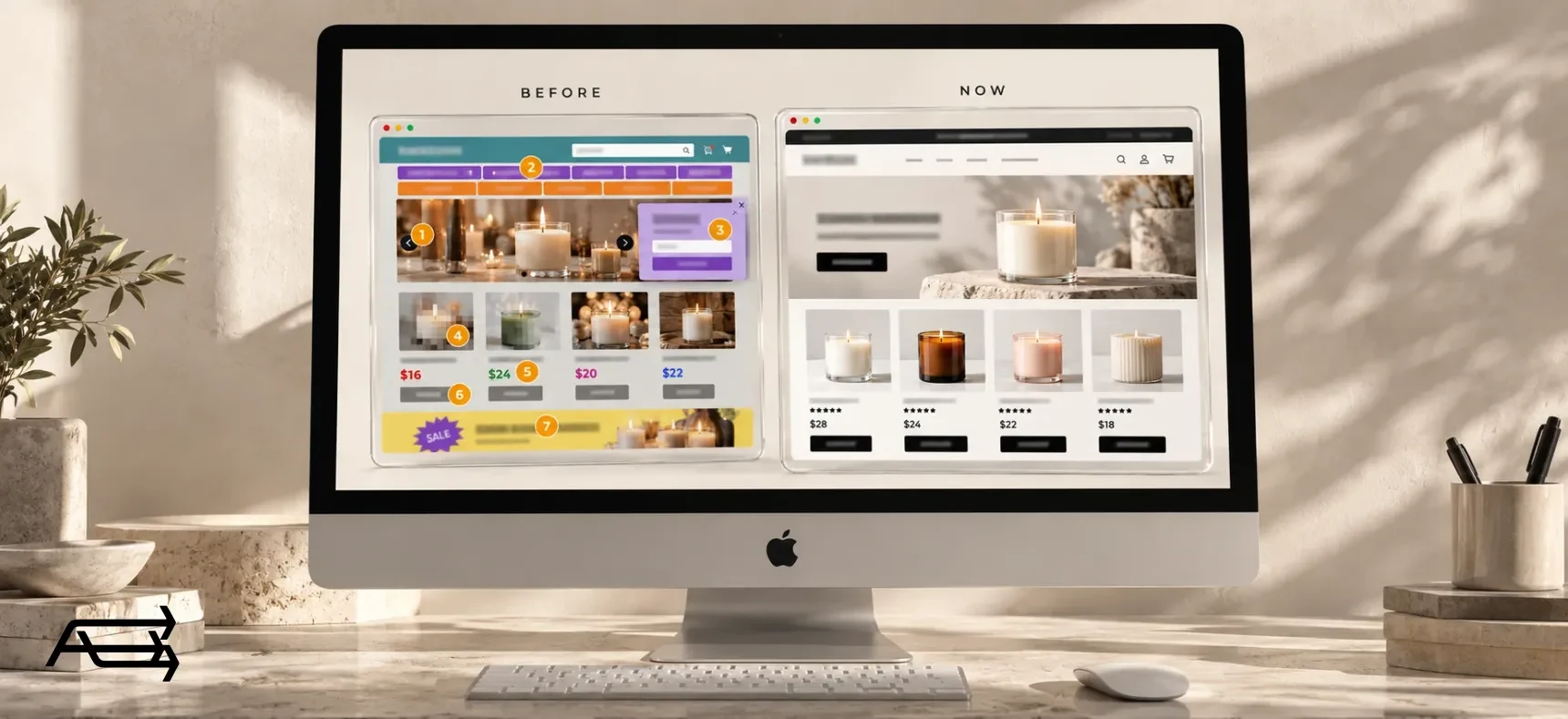 A store before and now: a cluttered old theme with seven numbered problems, and the same store on a modern theme