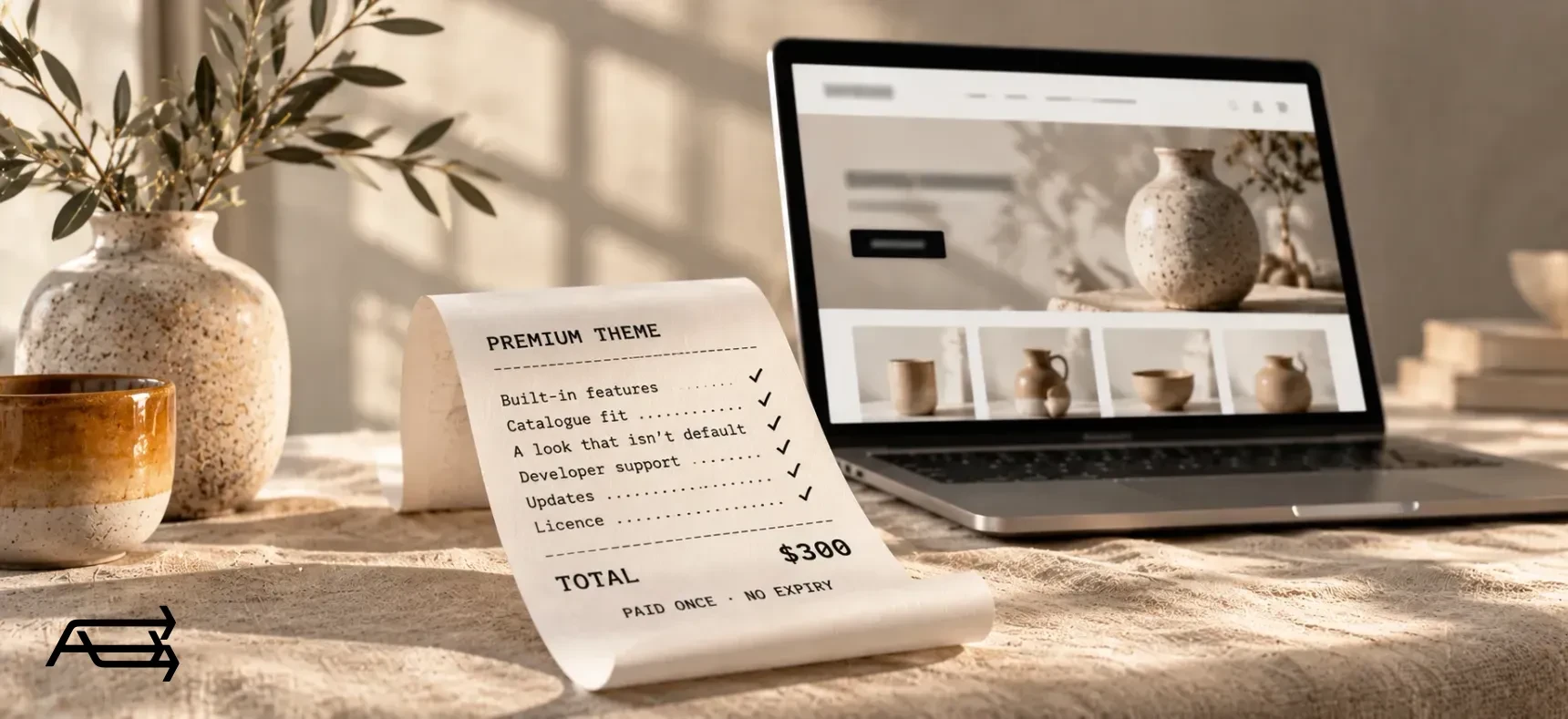 A receipt for a $300 premium theme listing features, catalogue fit, support, updates and licence, beside a store on a laptop
