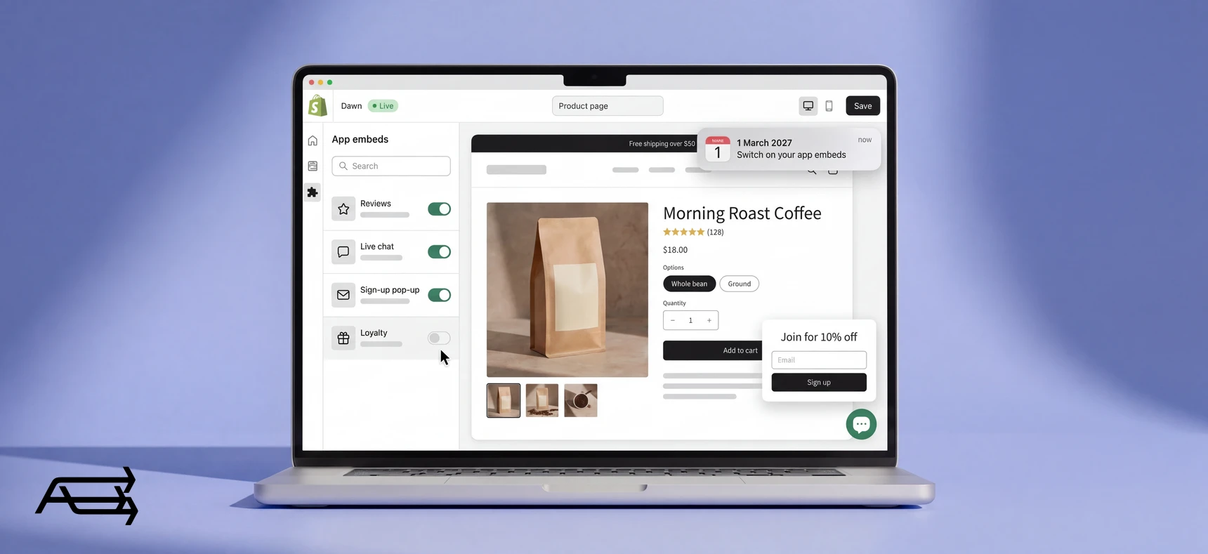Shopify's app embeds on a laptop: three switched on, loyalty still off, and a reminder for 1 March 2027