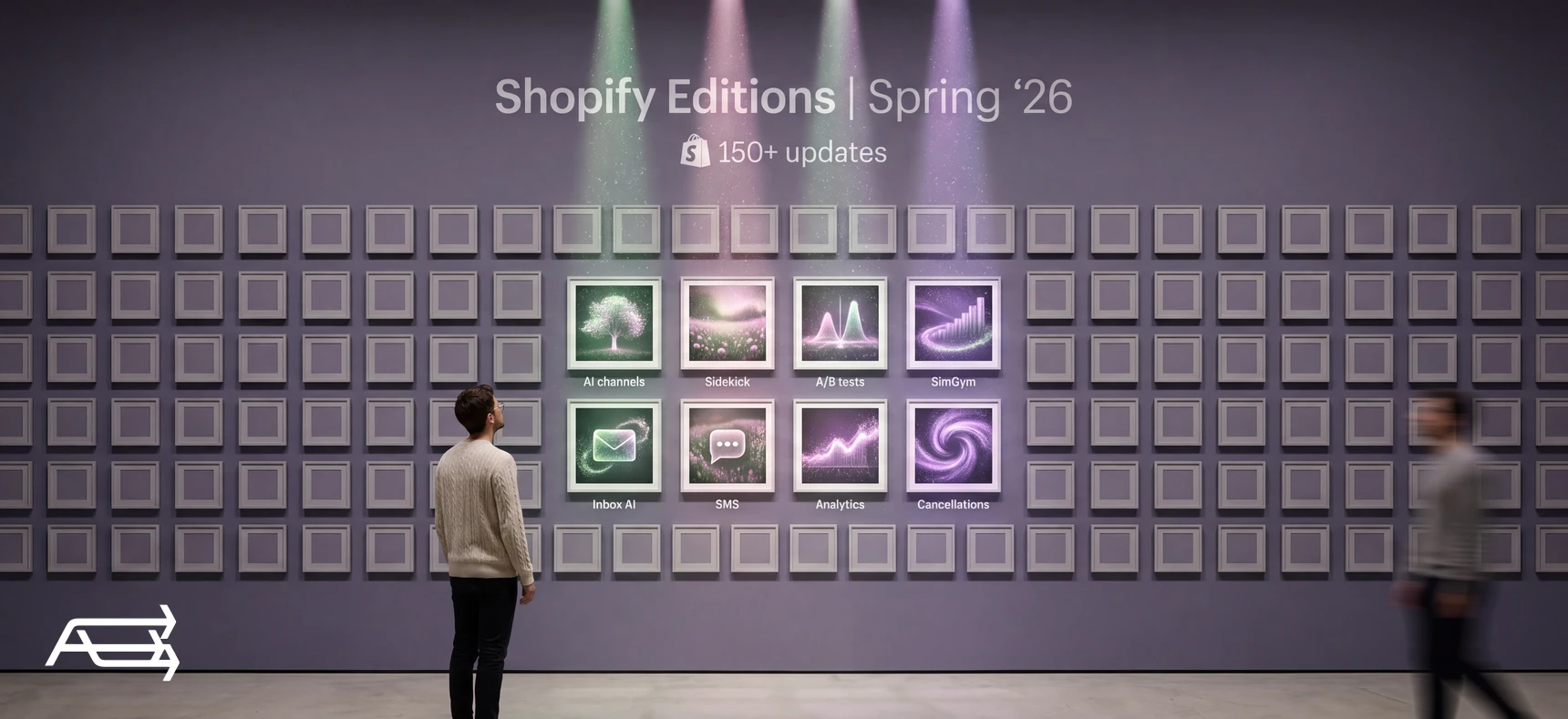 A wall of empty frames with eight lit up: the Shopify Spring '26 updates worth a small store's time