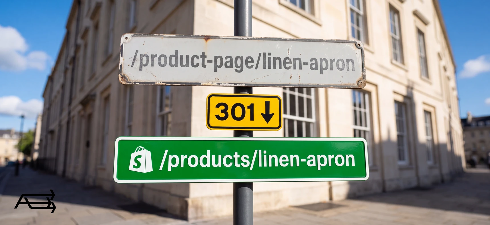 Street signs: an old product address, a yellow 301 sign pointing down, and the new Shopify product address