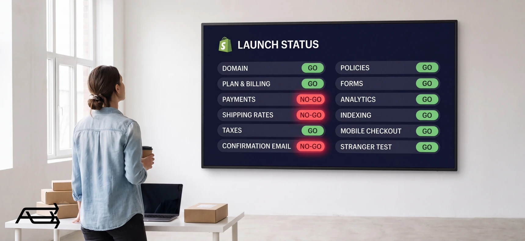 A store owner reading a launch status board: most checks say go, payments, shipping rates and confirmation email say no-go