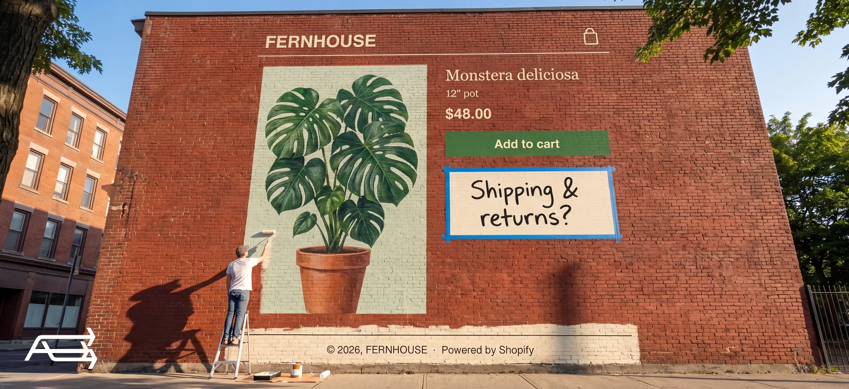 A product page painted as a mural on a brick wall, with the shipping and returns box still taped off and a painter on a ladder