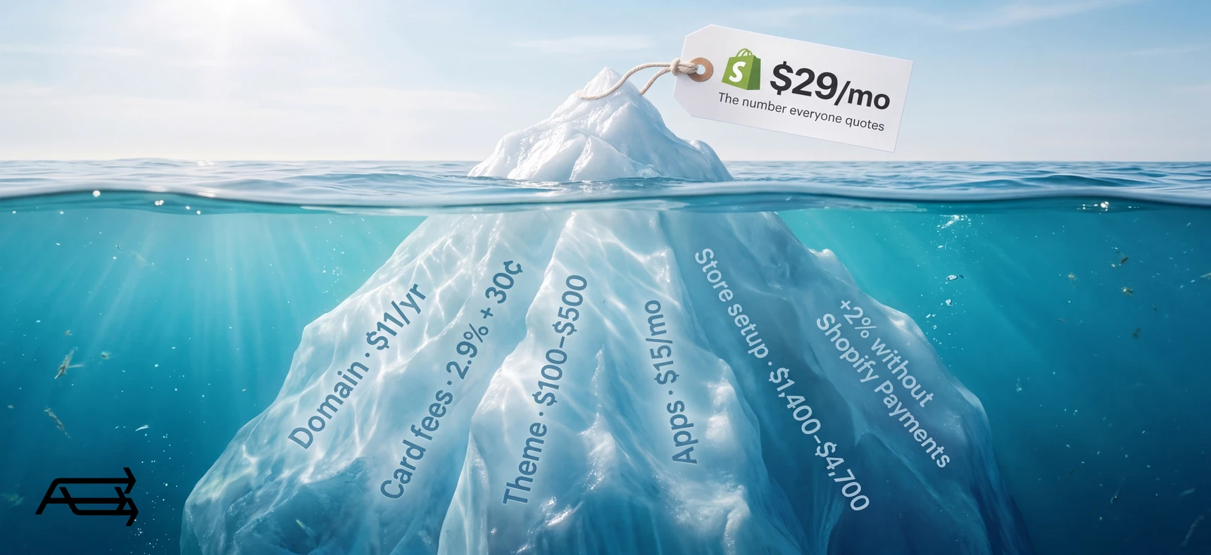An iceberg with a $29/mo Shopify price tag on the tip, and the domain, card fees, theme, apps and setup below the water
