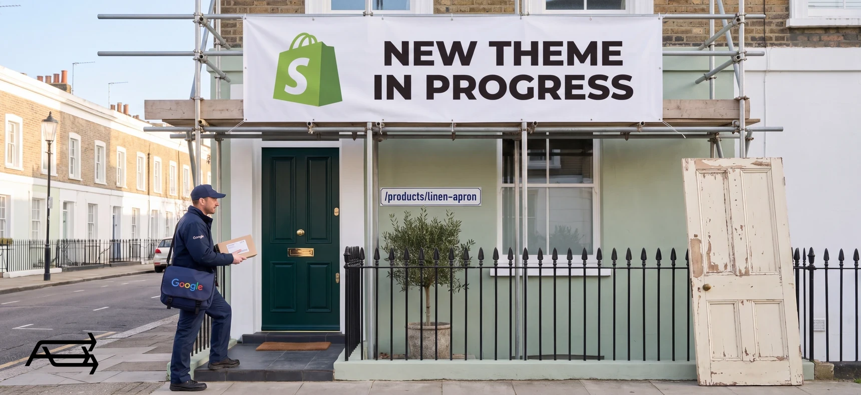 A house under scaffolding with a Shopify banner reading New theme in progress, its old address still on the wall and a Google postman at the door