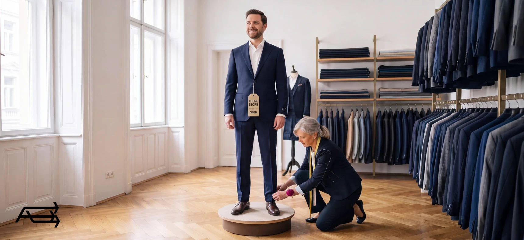 A man in an off-the-rack suit tagged Theme Store $400, with a tailor pinning the trousers to fit