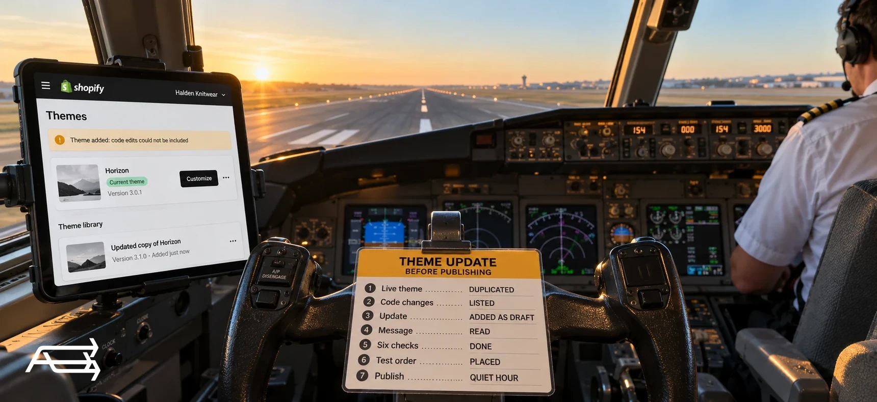 A Shopify theme update checklist clipped in a cockpit at sunrise: live theme duplicated, code changes listed, update added as draft, test order placed, publish at a quiet hour