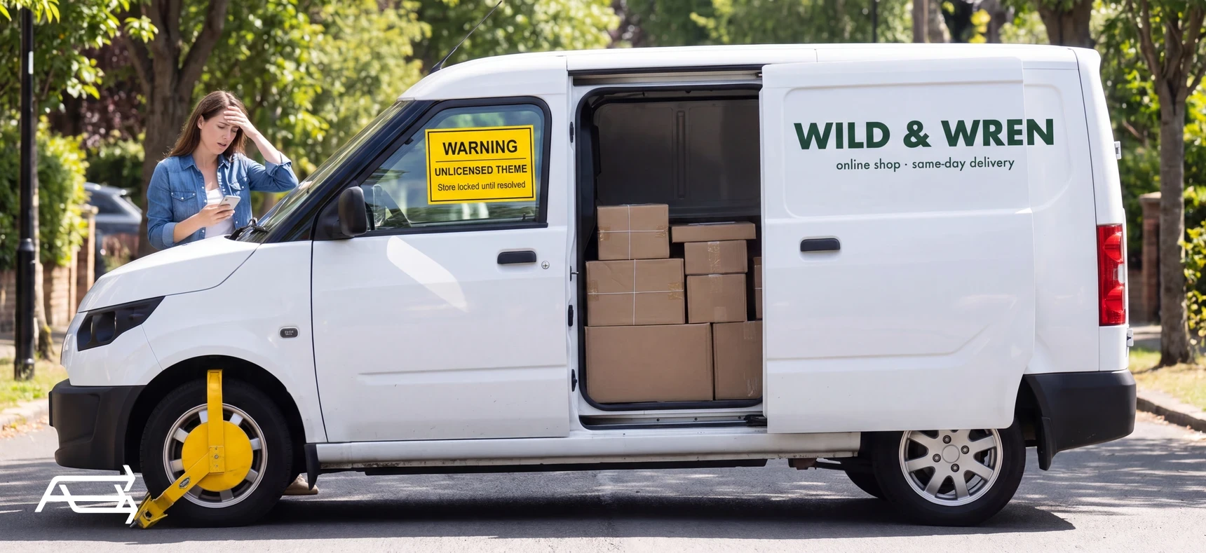 A store's delivery van wheel-clamped, with a warning on the window: Unlicensed theme, store locked until resolved, and the owner on the phone beside it