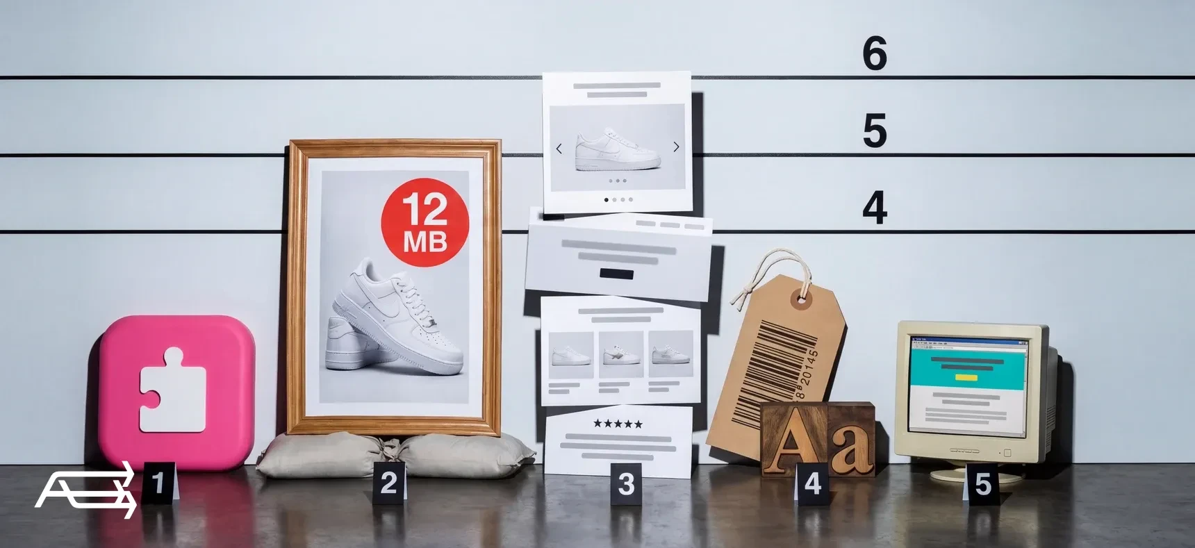 A police lineup of five things that slow a store: an app, a 12 MB image, a long homepage, tags and fonts, an old theme