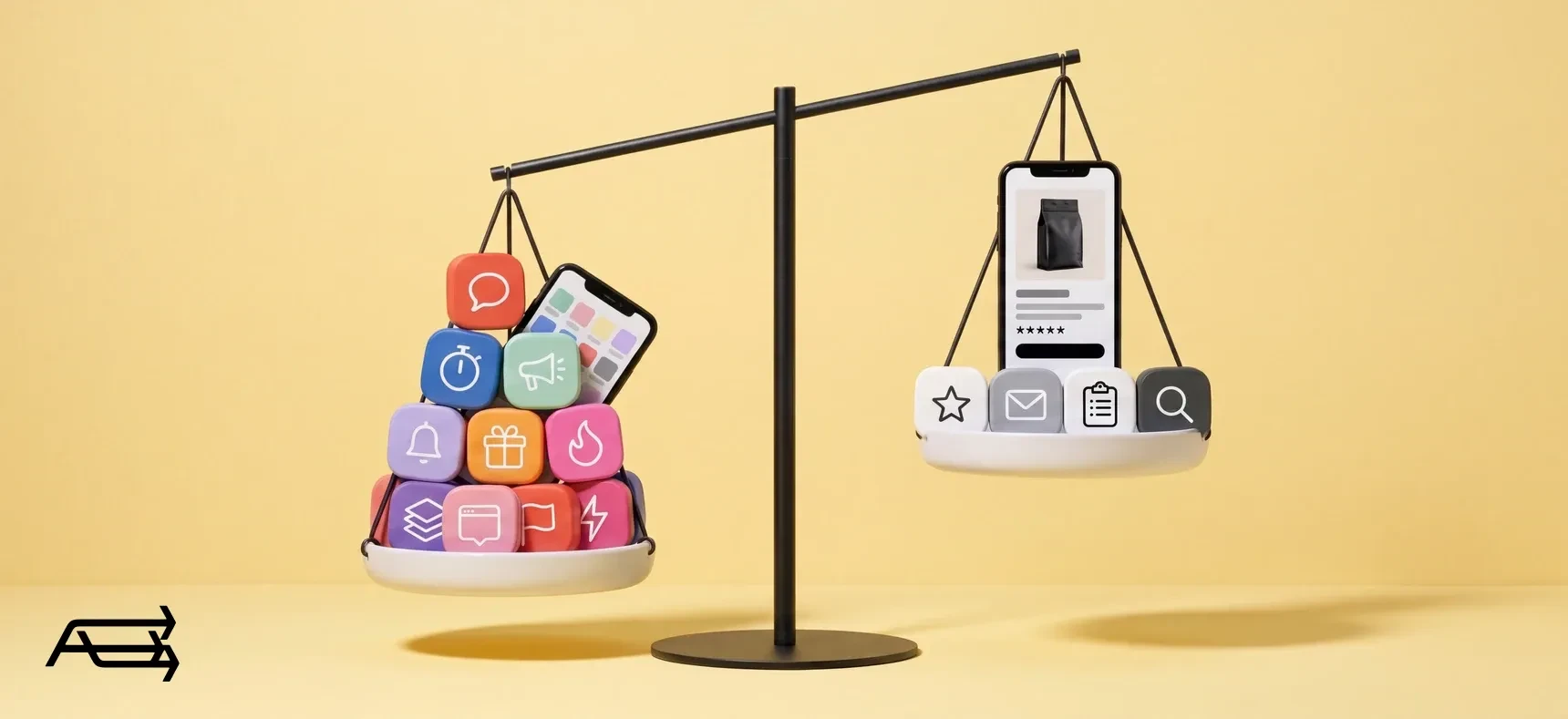 A scale tipped down by a pile of app icons, against a product page that runs on four apps