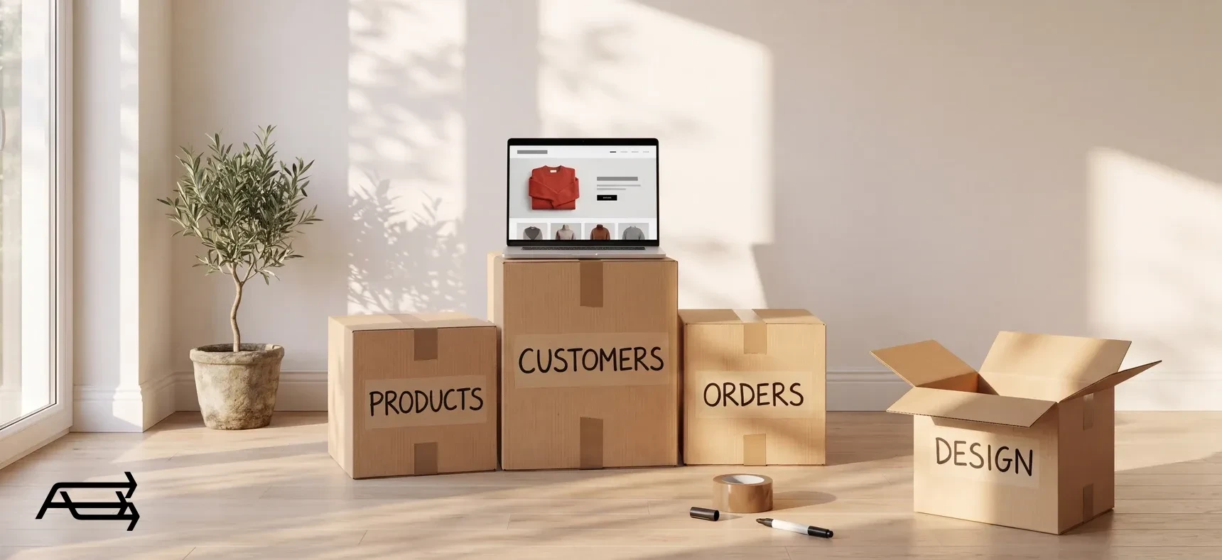Moving boxes labelled products, customers, orders and design, with the new Shopify store open on a laptop