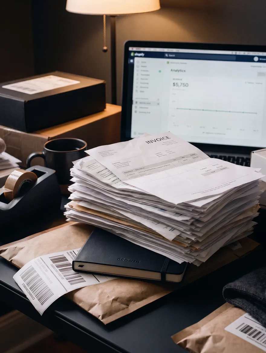 Ecommerce store owner buried in daily operations at a packing table
