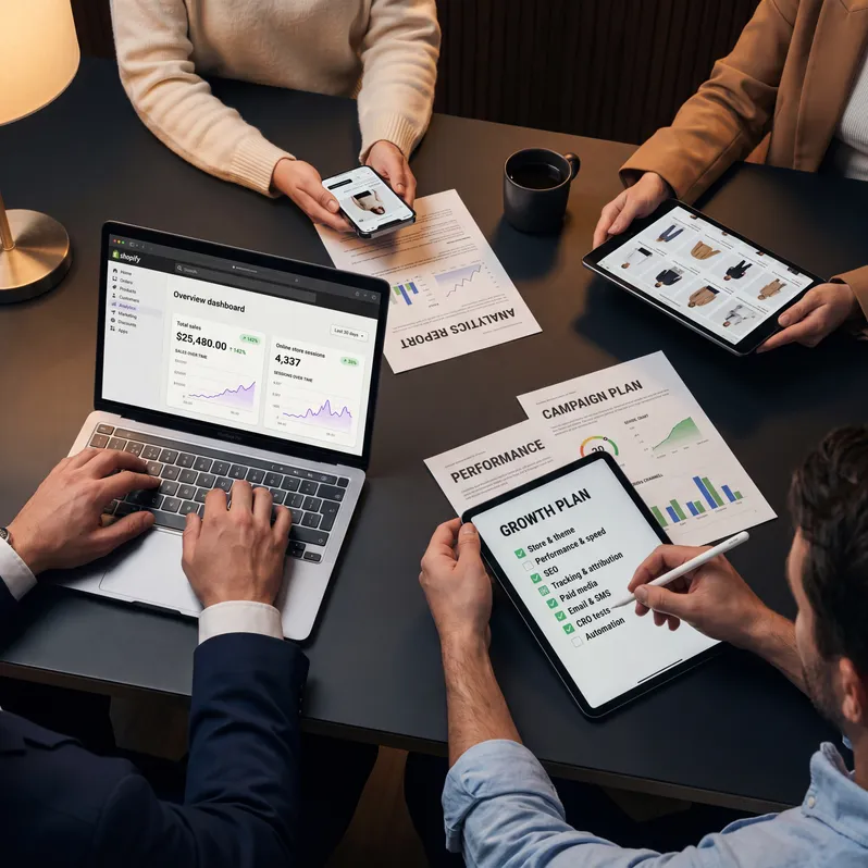 Team working around a table on a Shopify analytics dashboard and a growth plan checklist