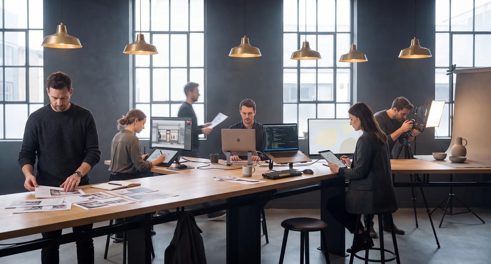 The AS IT IS team working across standing desks in the studio