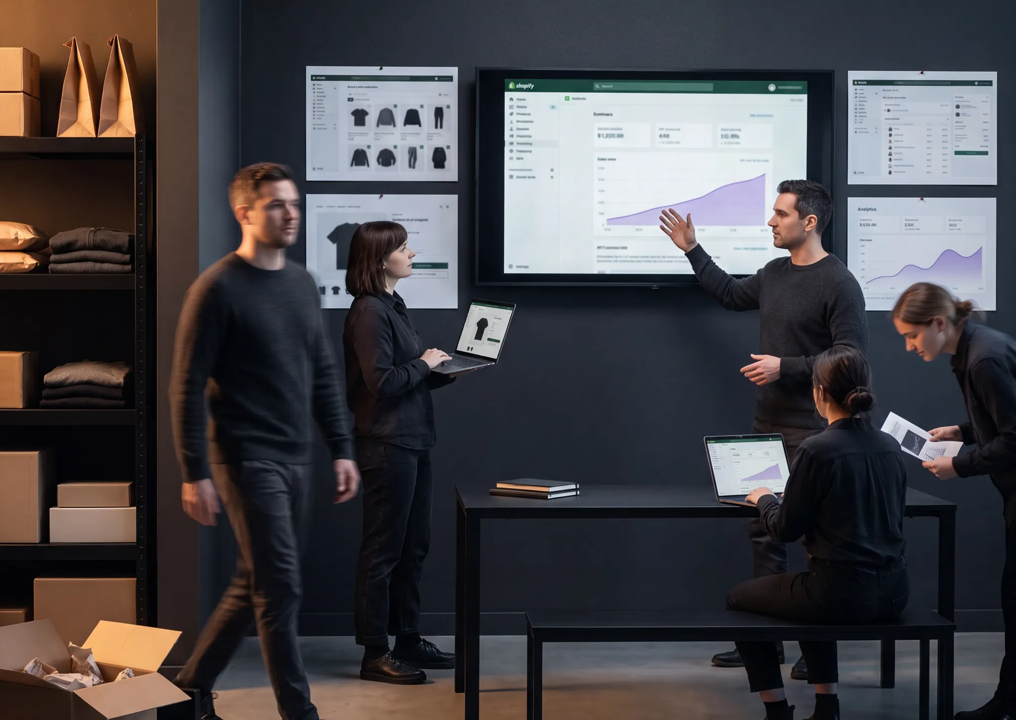 The team reviewing store performance together on a wall of screens
