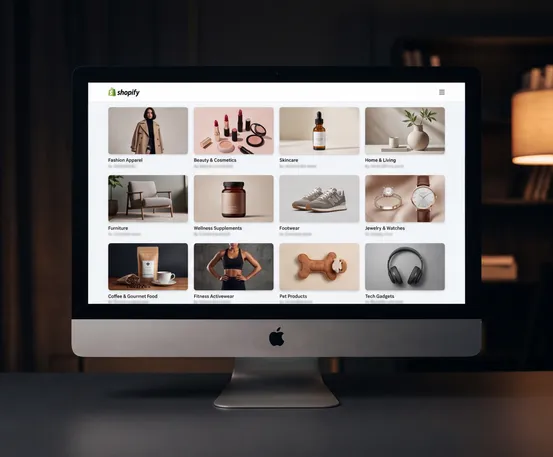 Shopify storefront showing ecommerce product categories on a desktop monitor